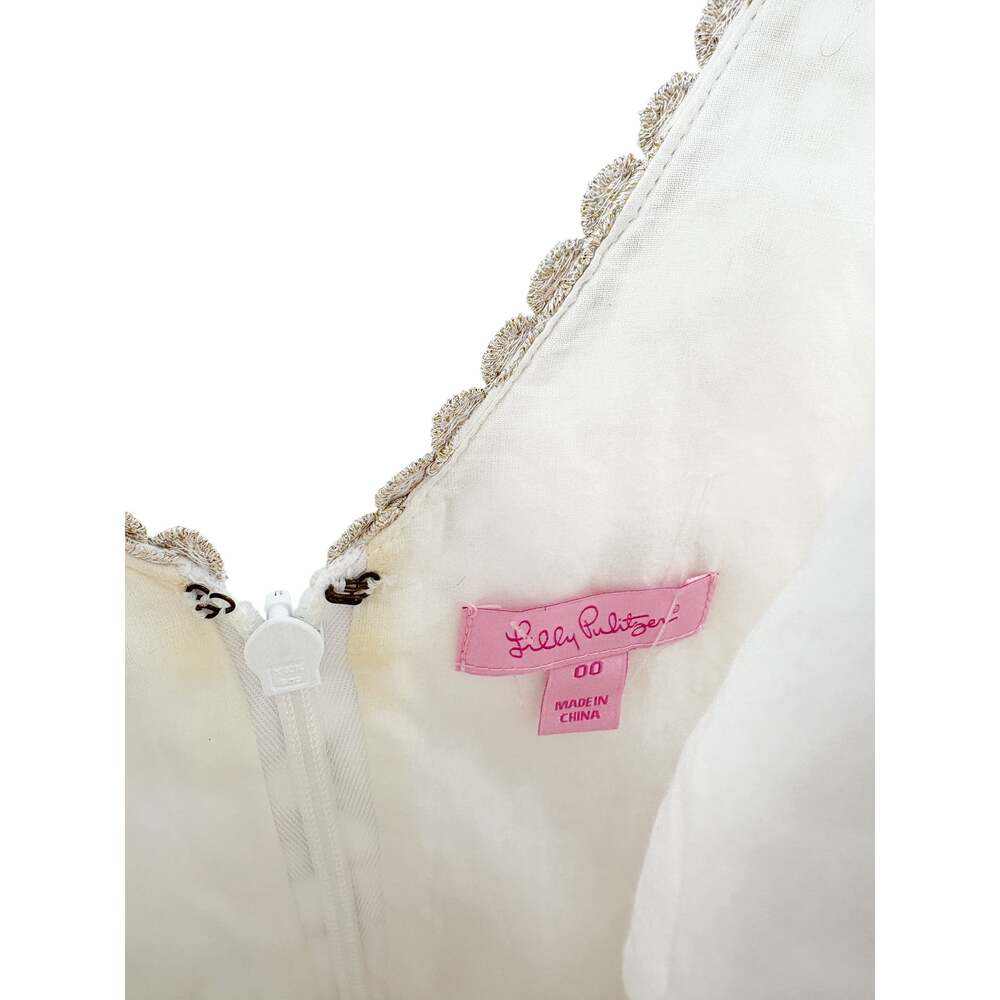 LILLY PULITZER Dress Size 00 White Gold Cotton Lawn Jumbo Crosshatch Eyelet - Picture 3 of 9